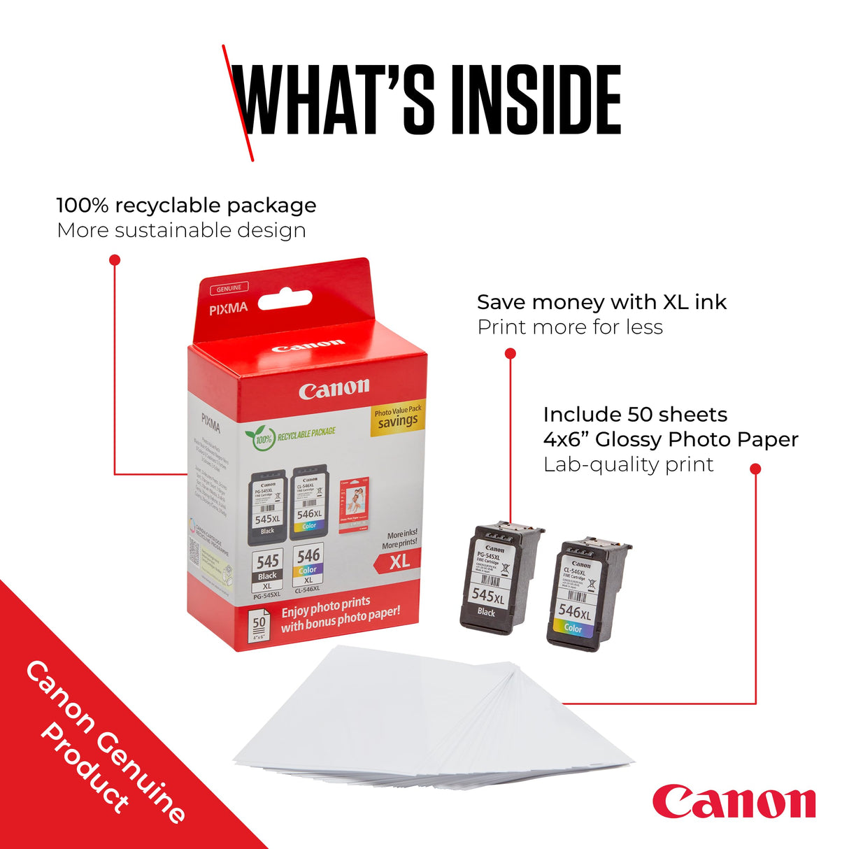 Canon PG-545XL + CL-546XL, Cartuchos de Tinta Original, Cartucho de Tinta Independiente en Color Negro y Cartucho Multicolor, Incluye 50 Hojas Papel Fotográfico 4 x 6, Compatible con Impresoras PIXMA