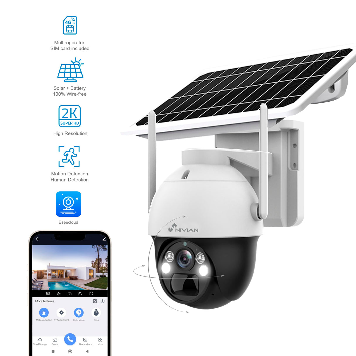 Nivian Cámara vigilancia seguridad 360º 4G(SIM) Panel solar 7W-Batería larga duración 18000mAh-2K-Detección de movimiento y humanos-Apta exterior-Visión nocturna+Leds-Audio bidireccional-APP EseeCloud