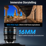 SIRUI Night Walker 16mm Lente de Cine con Enfoque Manual, T1.2 Large Aperture S35 Frame Wide Angle Prime Lens para X Montura Cameras, para X-H2/H2S, XT-4, XT-3,X-S10, X-S20 (MS16X-B, X Montura, Negro)