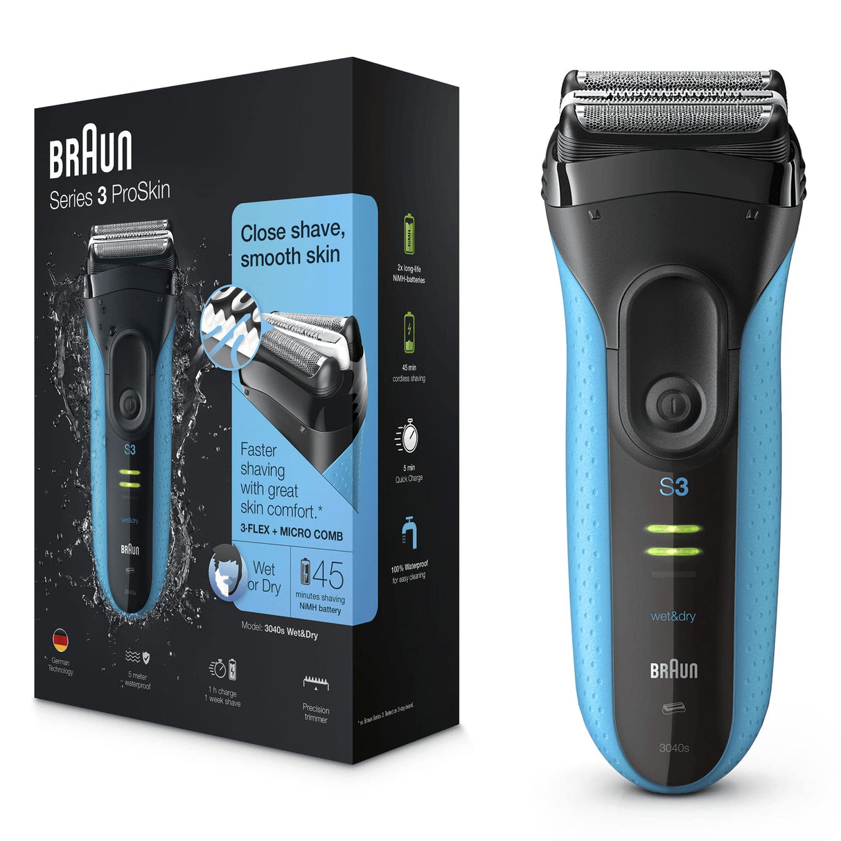 Braun Series 3 ProSkin 3040s - Afeitadora eléctrica/máquina de afeitar recargable Wet & Dry (de uso en húmedo y seco) color azul