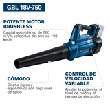 Bosch Professional 18V System soplador a batería BITURBO GBL 18V-750 (caudal de 780 m³/h, velocidad del aire de hasta 198 km/h, velocidad de giro variable, incl. boquilla, sin batería/cargador)