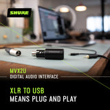 Interfaz digital Shure MVX2U XLR a USB con conector para auriculares, preamplificador integrado con control de ganancia de 60dB, monitorización sin latencia, alimentación fantasma de 48V