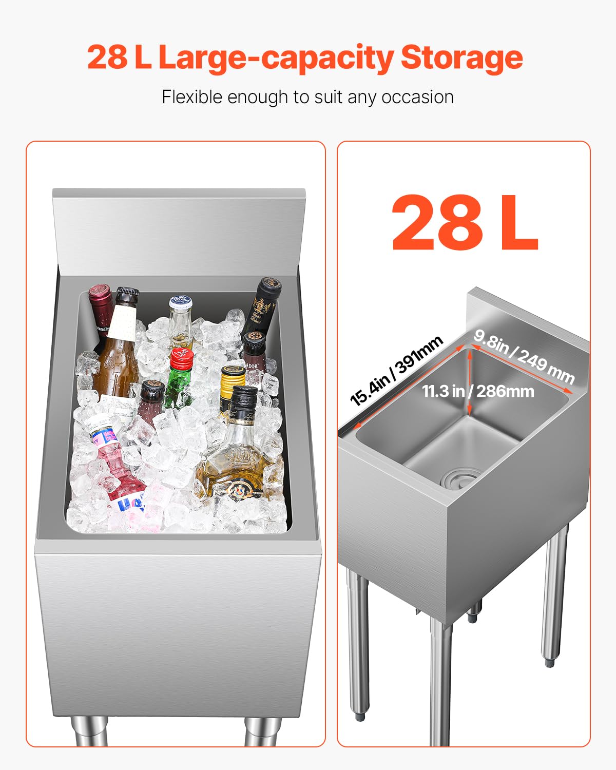 VEVOR Contenedor de Hielo de 28 L para Debajo del Mostrador de 305 x 483 x 937 mm, de Acero Inoxidable con Tapa Deslizante y Patas de Bola Ajustables, Carrito Refrigerado para Bar, Restaurante