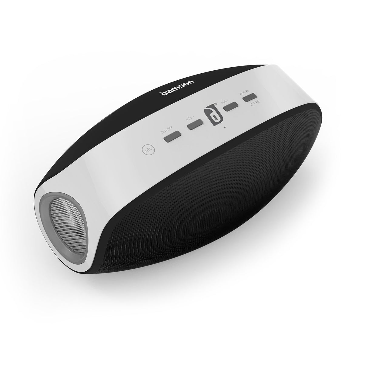 Damson Vulcan- Altavoz Bluetooth inalámbrico portátil con bajo, color negro y blanco