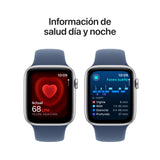 Apple Watch SE de 2.ª generación GPS Smartwatch con Caja de Aluminio en Plata de 44 mm y Correa Deportiva Azul Denim - Talla S/M. Monitores de entreno y sueño y Resistencia al Agua