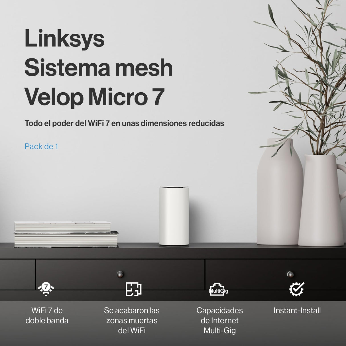 Mesh Linksys Velop Micro 7 | Doble banda con velocidad WiFi BE5000 | Cobertura para toda la casa con hasta 200 m² por nodo | Ethernet de 2,5 Gb/s | W-iFi 1,8 veces más rápido que WiFi 6 | Paquete de 1
