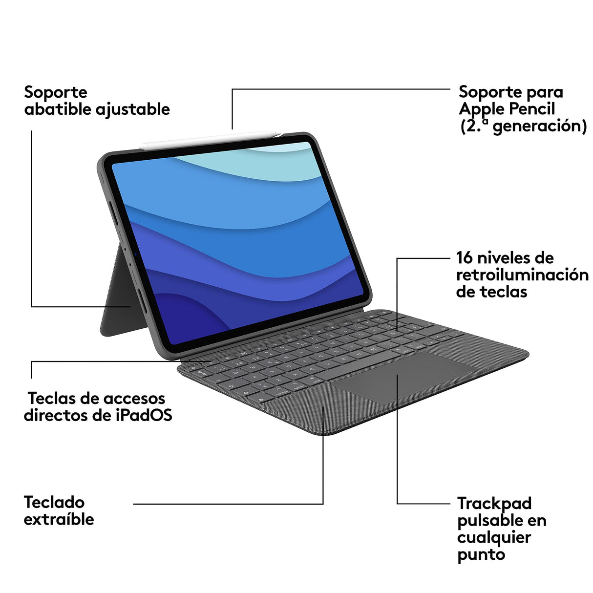 Logitech Combo Touch Funda con teclado iPad Pro de 11 pulgadas (1.ª, 2.ª, 3.ª, 4.ª generación - 2018, 2020, 2021, 2022) Retroiluminado, Trackpad pulsable en cualquier punto, QWERTY Español - Gris