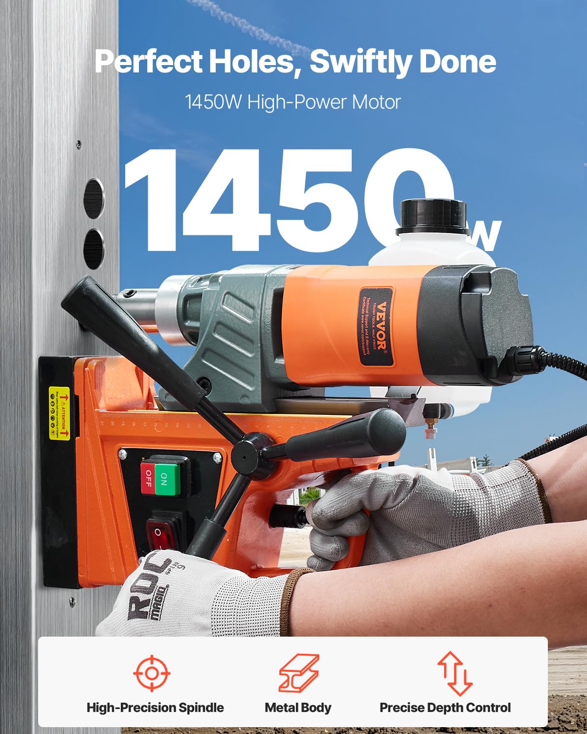 VEVOR Taladro Magnético 1450 W Taladro Prensa Portátil 12500N Velocidad continua de 850 rpm Diámetro del Orificio de Broca Central de 40 mm Profundidad de Perforación de 50 mm Taladro Electromagnético
