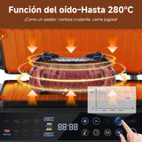AMZCHEF parrilla eléctrica con 6 programas, función Sear hasta 280 °C, modo manual, sensor de temperatura, placas desmontables y bandeja para gofres. Ideal para carne, pescado, paninis y gofres