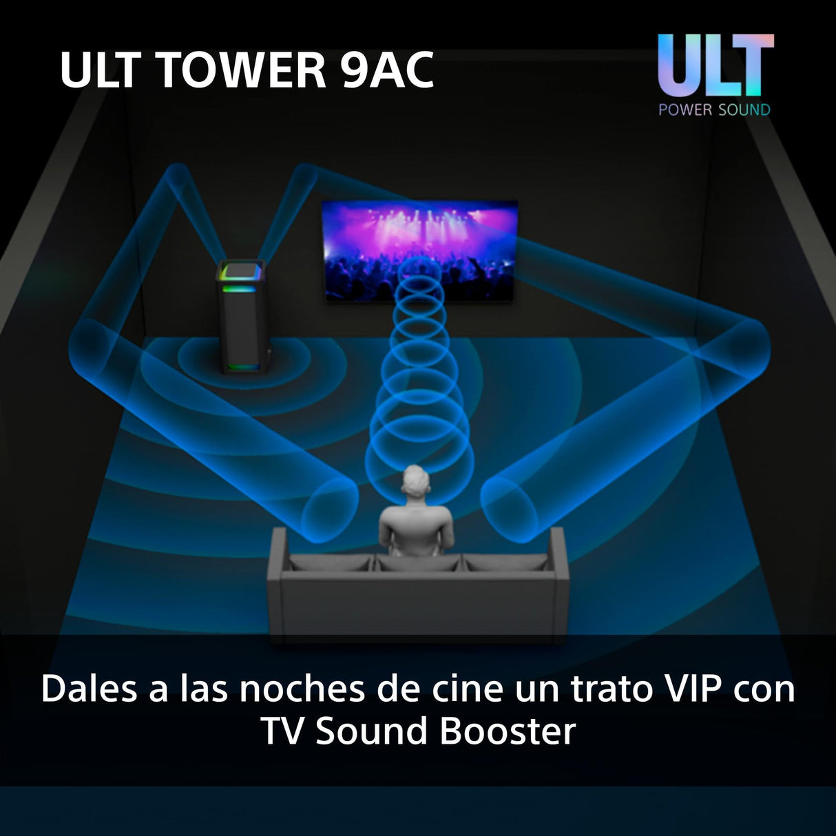 Sony ULT Tower 9AC, Altavoz Bluetooth definitivo para Fiestas, alimentación de Red, 2 Modos ULT Power Sound, Altavoz X-Balanced, iluminación y Sonido 360, entradas de Karaoke, Negro