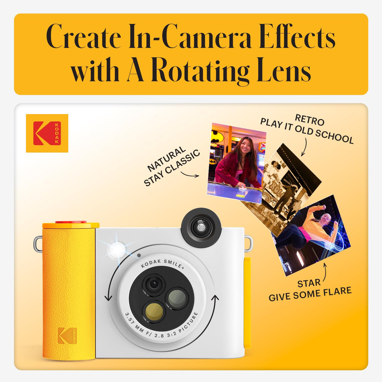 KODAK Smile+ Cámara Digital instantánea 2-en-1 y Impresora Bluetooth - 10MP, Lente giratoria con Efectos, Fotos Adhesivas Zink 2x3”, Imprime Desde App en Dispositivos Inteligentes - Blanco