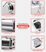 Imperia IPasta Línea Clásica. Máquina para Pasta. 100% Made in Italy. Máquina de pasta fresca en acero. Laminadora manual con manivela. Crea láminas para lasagne, tagliolini, fettuccine.