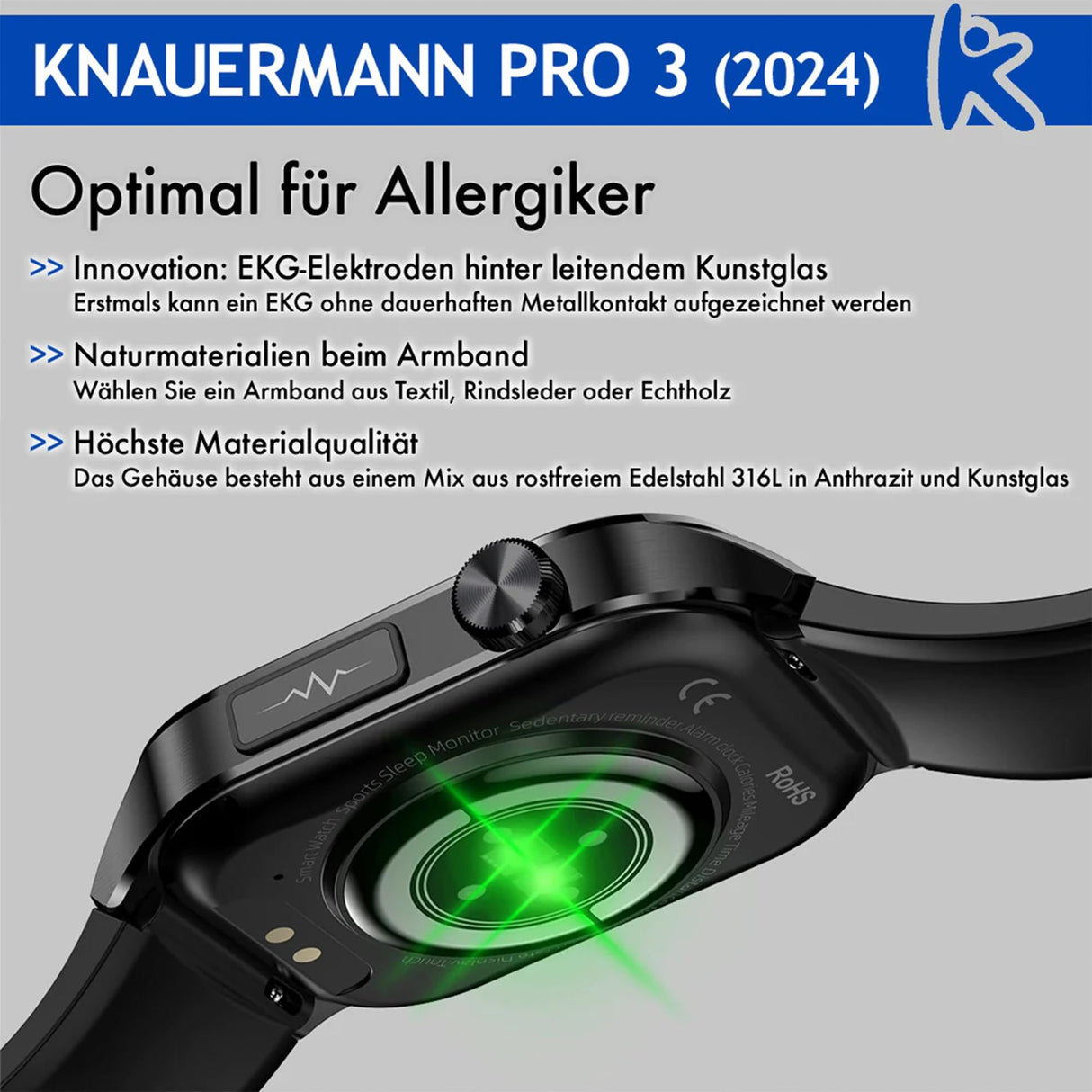 Knauermann Pro 3 (2024) Negro – Reloj Sanitario Smartwatch con función telefónica – Sensores OSRAM – Función ECG + HRV – BT Bluetooth – apnea del sueño – presión Arterial – Correa de auténtica,