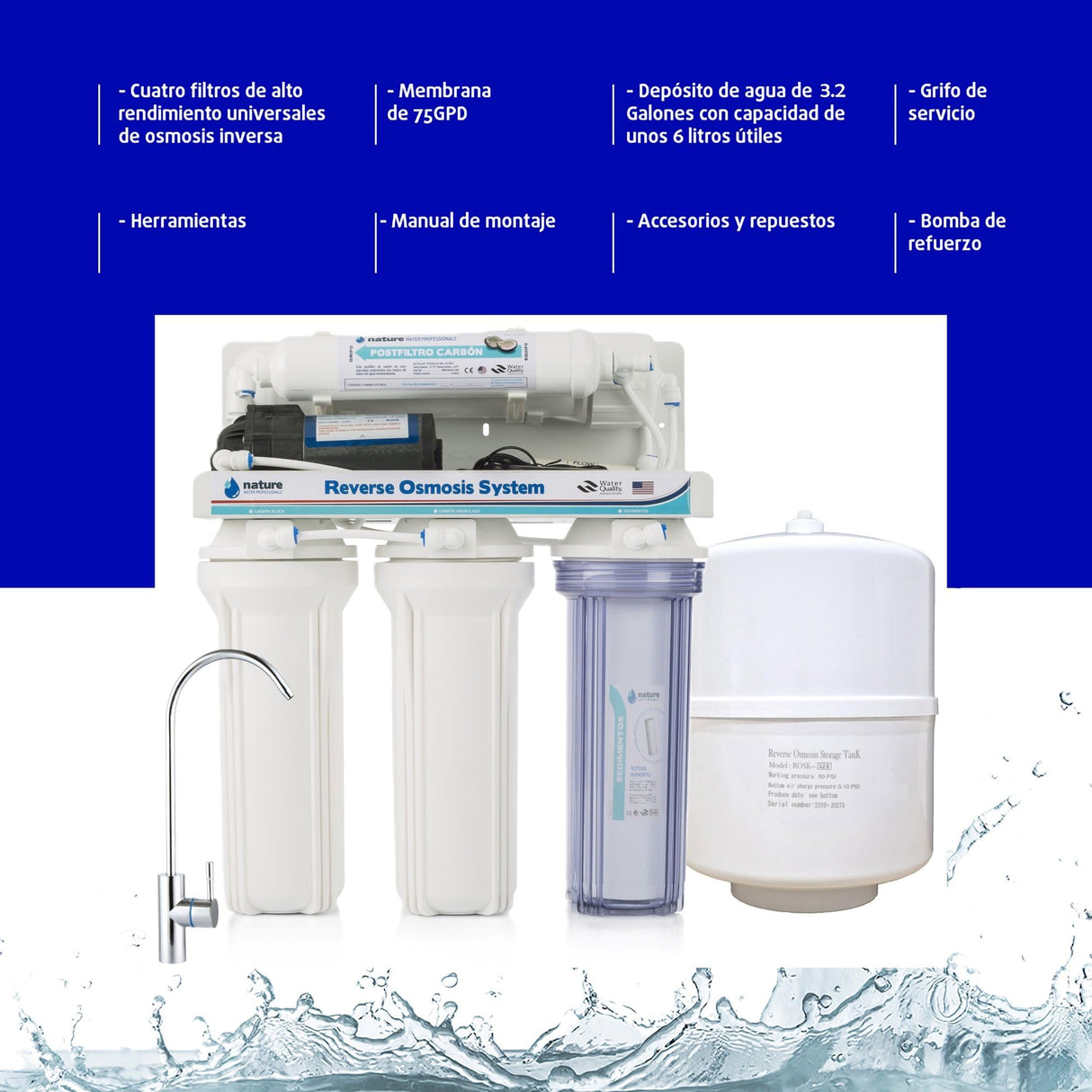 Equipo de Osmosis Inversa - Kit para Osmosis de 5 Etapas - Capacidad para 6 L - Incluye Membrana de 75GPD, Deposito de Agua, Bomba y Filtros - Nature Water Professionals