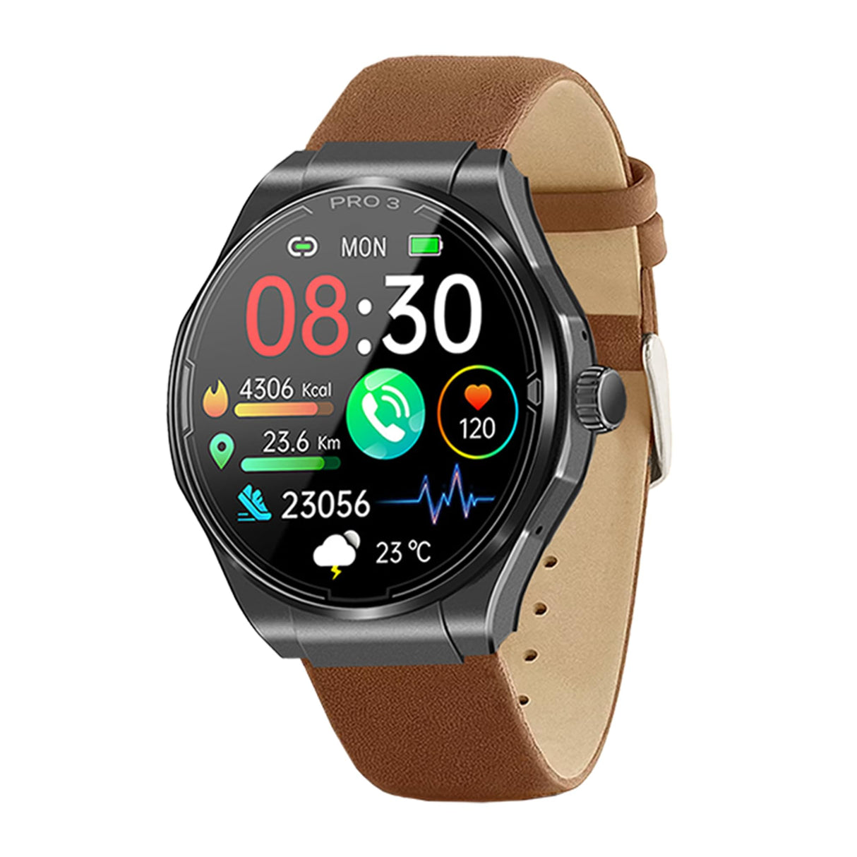 Knauermann Pro 3 (2024) Negro - Reloj Sanitario smartwatch con función telefónica - ECG + HRV y función SOS - Pantalla AMOLED BT Bluetooth - Apnea del sueño - Correa de Piel auténtica marrón 14 -,