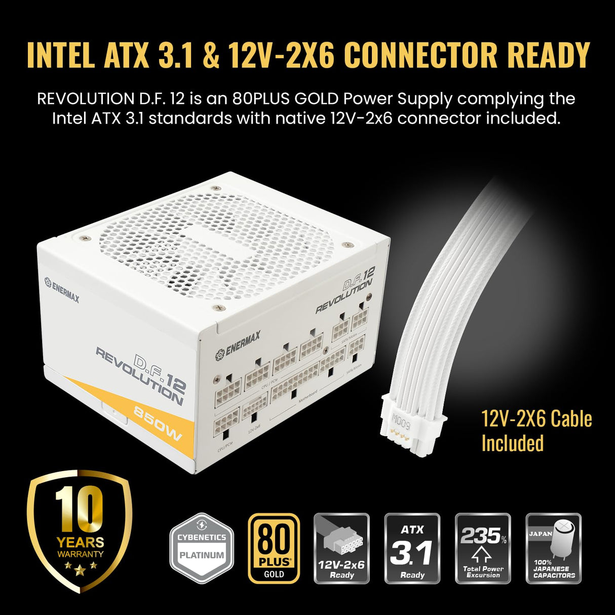 ENERMAX Revolution D.F. 12 ATX 3.1 PCIe 5.1 Fuente de Alimentación Ultracompacta de 850W 80 Plus Gold Cybenetics Platinum White, Totalmente Modular, 50% Semi-fanless, 600W 12V-2x6, ETV850G-W, Blanco