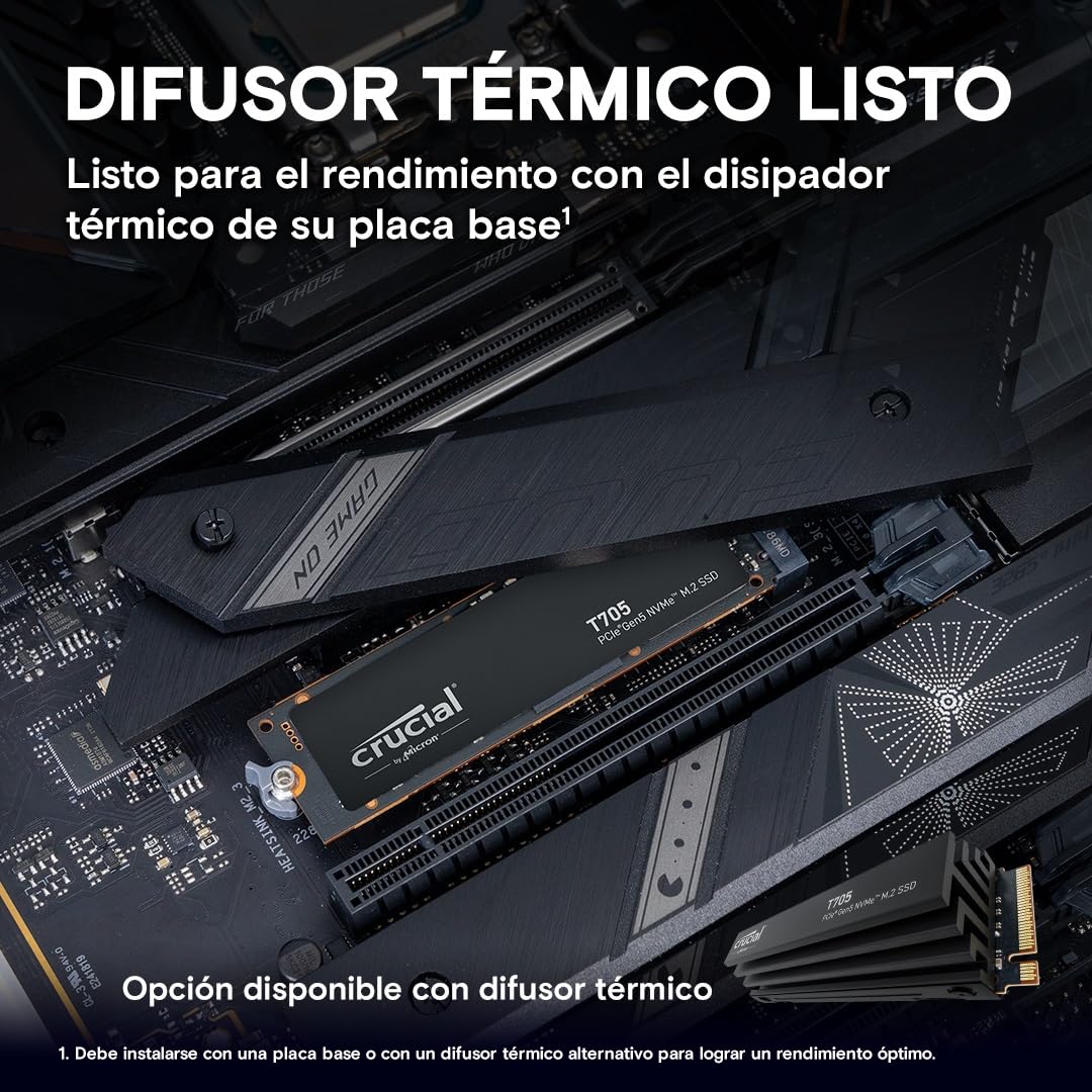 Crucial T705 SSD 2TB PCIe Gen5 NVMe M.2 SSD Interno Gaming, hasta 14.500MB/s, Microsoft DirectStorage, Compatibilidad PCIe 4.0, Disco Duro SSD - CT2000T705SSD3