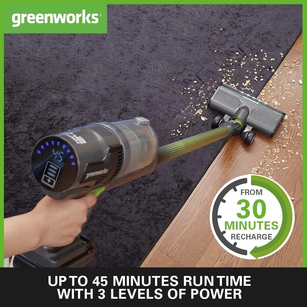Greenworks GD24SVK4D Aspiradora sin Cable Lujosa, Succión Alta Potencia, Filtro HEPA, Pelo de Mascotas, Potencia 3 Niveles,Cargador de Pared, Garantía 3 Años