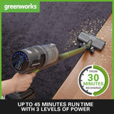 Greenworks GD24SVK4D Aspiradora sin Cable Lujosa, Succión Alta Potencia, Filtro HEPA, Pelo de Mascotas, Potencia 3 Niveles,Cargador de Pared, Garantía 3 Años