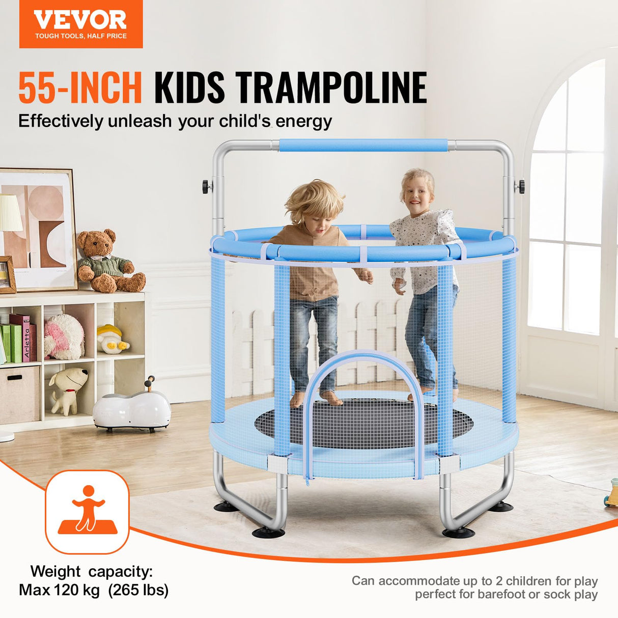 VEVOR Trampolín para Niños para Interior y Exterior, Minitrampolín Recreativo para Niños Pequeños con Red de Seguridad y Aro de Baloncesto, para Niños de Más de 3 Años, 1470 x (1540-1690) mm Azul