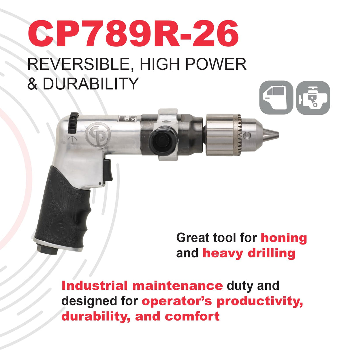 Chicago Pneumatic CP789R-26 - Air Power Drill, 3/8 Inch (10mm), Reversible, Keyed Chuck, Aluminum Housing, Pistol Handle, 0.43 HP / 320 W, Stall Torque 3.1 ft. lbf / 4.2 NM, 2600 RPM, Home Improvement