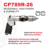 Chicago Pneumatic CP789R-26 - Air Power Drill, 3/8 Inch (10mm), Reversible, Keyed Chuck, Aluminum Housing, Pistol Handle, 0.43 HP / 320 W, Stall Torque 3.1 ft. lbf / 4.2 NM, 2600 RPM, Home Improvement