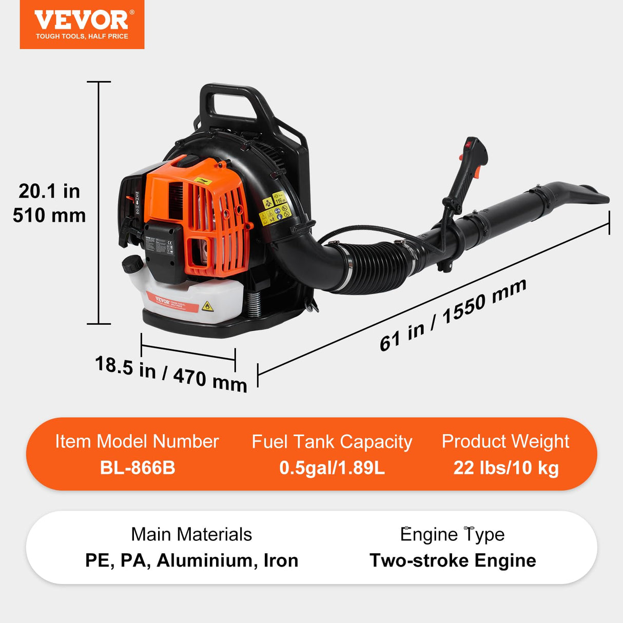 VEVOR Soplador de Hojas de Mochila, Soplador de Hojas de Gas de 2 Ciclos de 63 CC con Tanque de Combustible de 1,89 L, Volumen de Aire de 1110 CFM, Velocidad de 220 mph, para el Cuidado del Césped