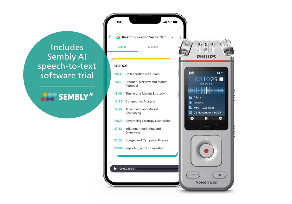 Philips VoiceTracer DVT4115 - Grabadora de Voz (8 GB, MP3 y PCM, 3 micrófonos de Alta fidelidad, reconocimiento de Voz, creación de resúmenes, Registros de sesiones y to-Dos)