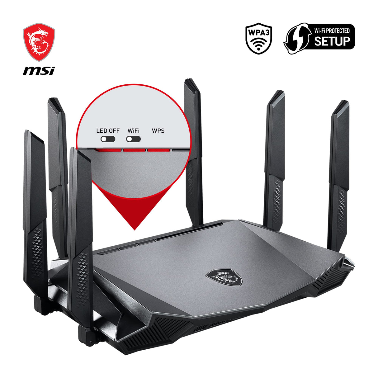 MSI RadiX AX6600 WiFi 6 Router Gaming Tres Bandas - WLAN Rápida de hasta 6600 Mbps (5GHz, 2.4GHz Inalámbrico), AI QoS Priority, MU-MIMO, Beamforming, WPA3, 2.5G WAN/LAN & 4 x 1G LAN Ports
