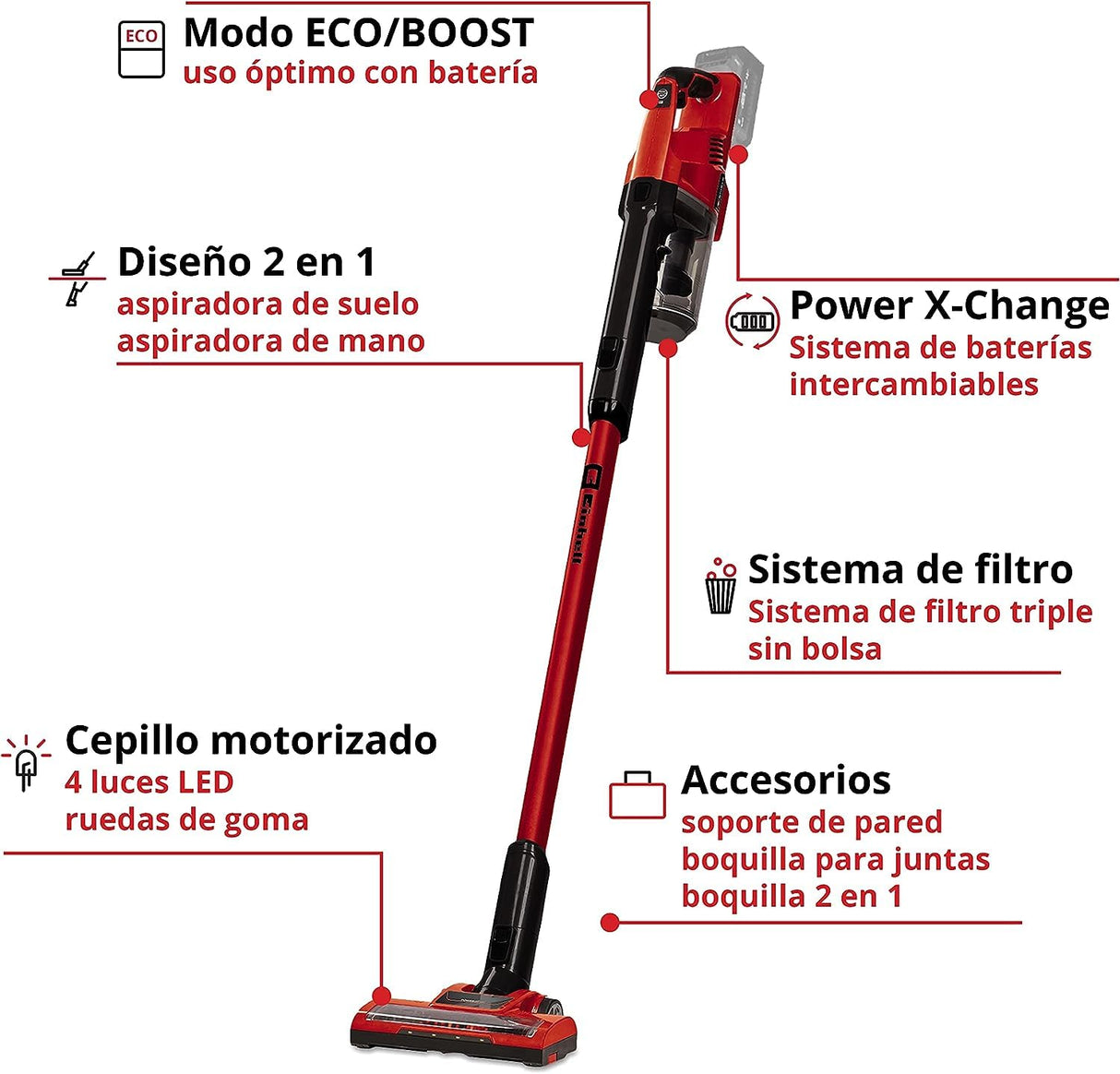 Einhell Aspirador de polvo de mango con batería, 18 V, aspirador de polvo con batería sin bolsa, recipiente colector de 0.6 L, tecnología de ciclón, sistema de filtro triple, Color Rojo/Negro