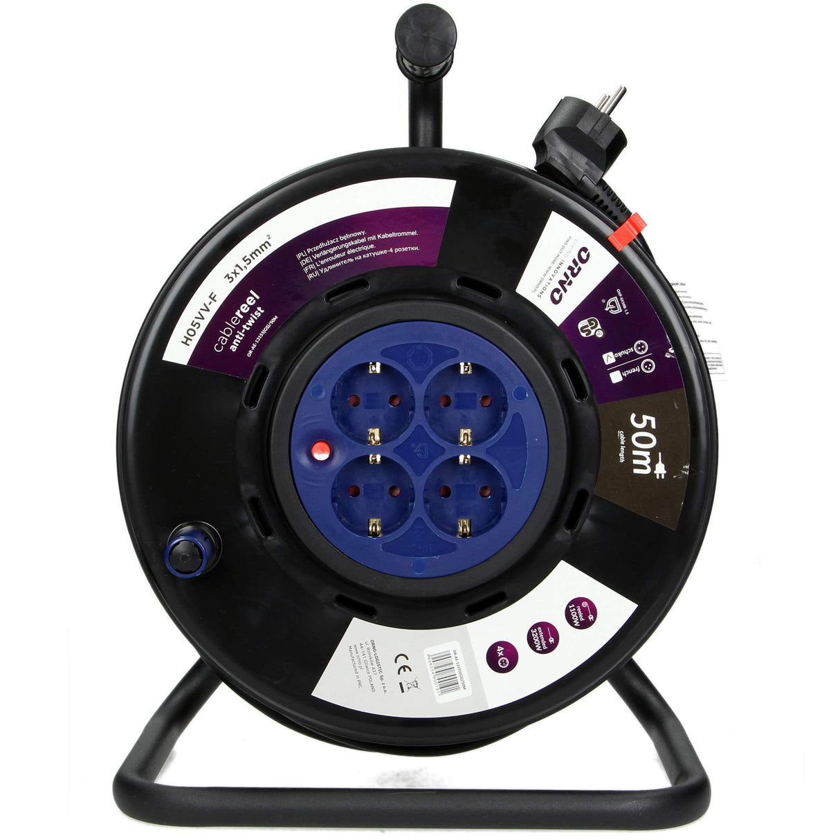 ORNO OR-AE-13155(GS) Tambor De Cable Sistema de enchufe antitorsión de 50m y 4 compartimentos de 3200W. (50m)