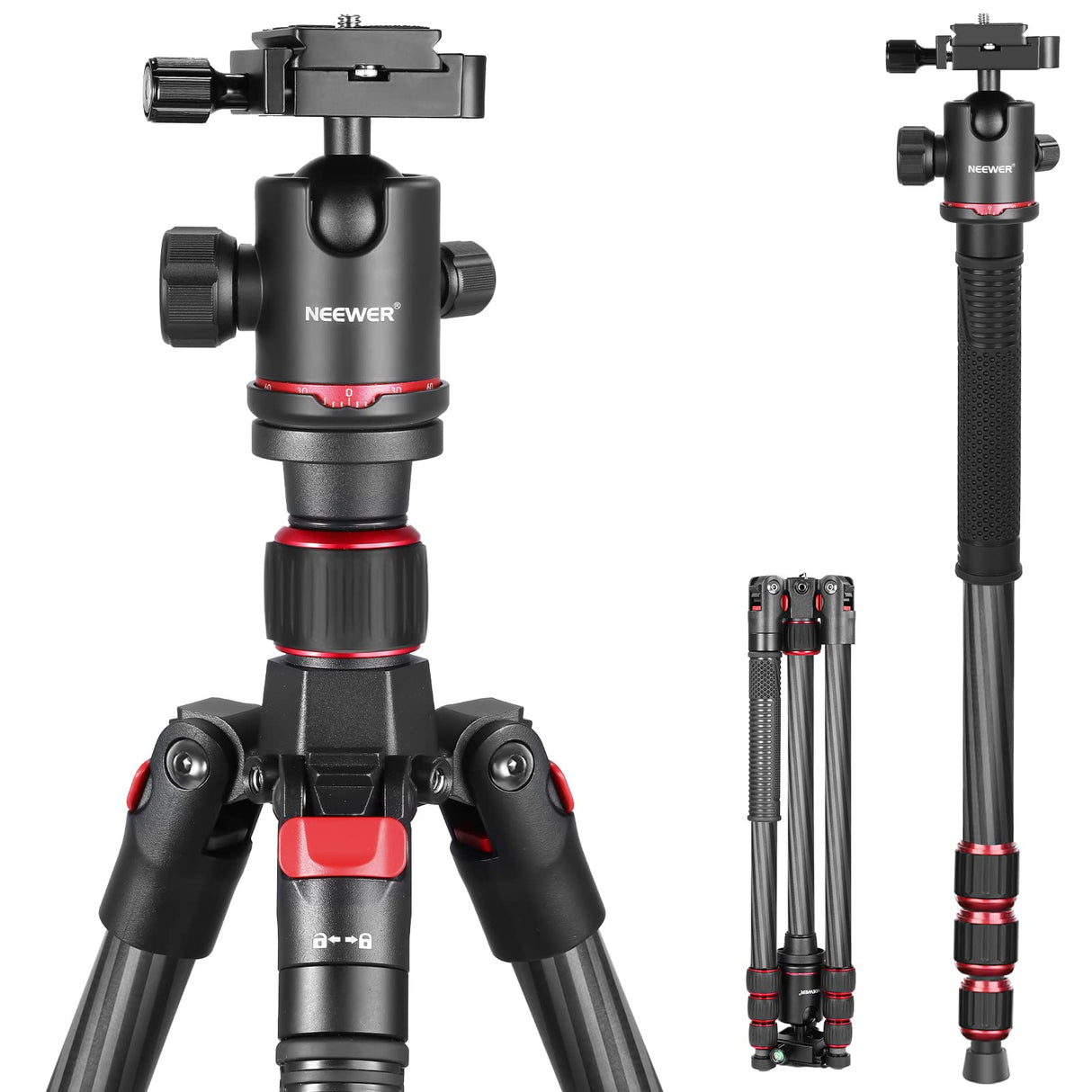 NEEWER 66"/168cm Trípode de Fibra Carbono para Cámara Cabeza de Bola Panorámica 360°,Placa Arca QR 1/4",Bolsa Portátil,Monopié Trípode Viaje Compacto Videocámara DSLR,Carga Máxima 26.5lb/12kg,N55C