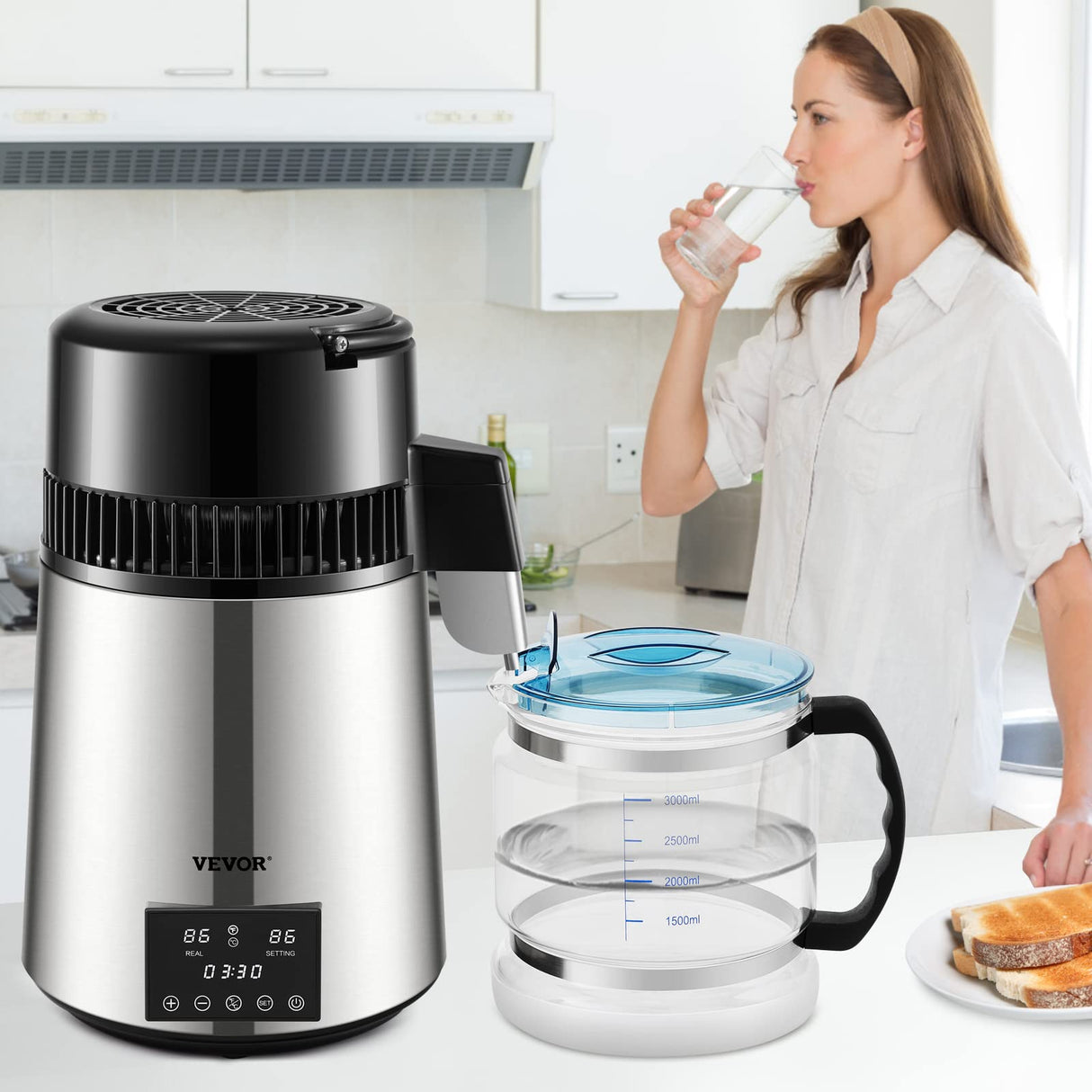 VEVOR Destilador de Agua 4L Filtro de Destilación de Agua con Recipiente de Vidrio 750 W 1 L/H Ajuste de Velocidad, Destilación Filtro Purificador de Acero Inoxidable Temperatura Doble 7,9lbs, Plata