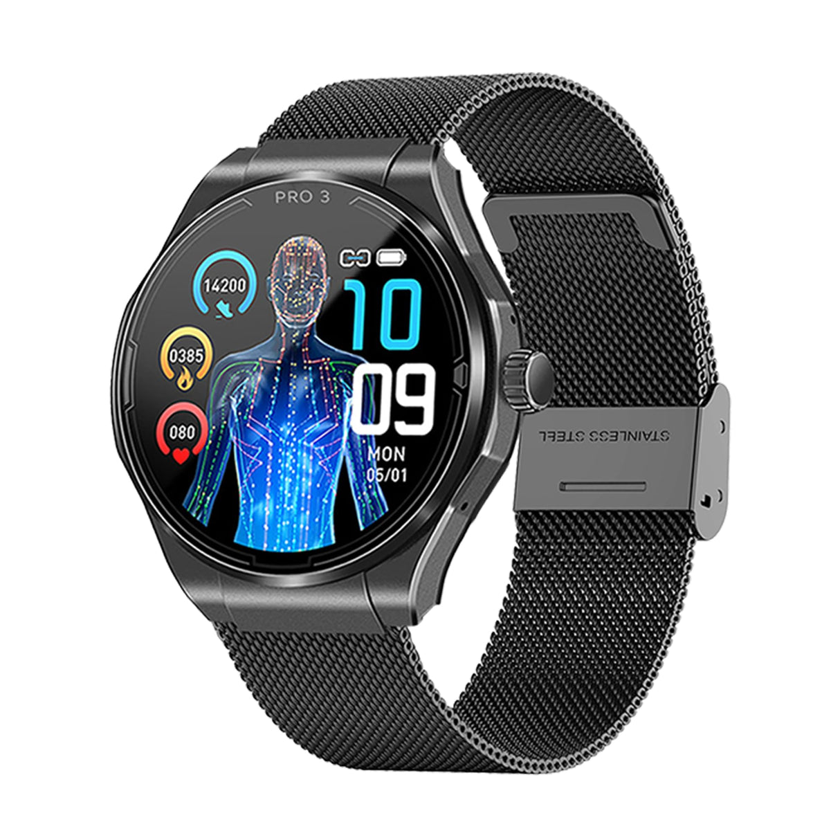 Knauermann Pro 3 (2024) Negro - Reloj Sanitario smartwatch con función telefónica - ECG + HRV y función SOS - Pantalla AMOLED BT Bluetooth - Apnea del sueño - Banda milanesa Negra, 14-24, Redondo,