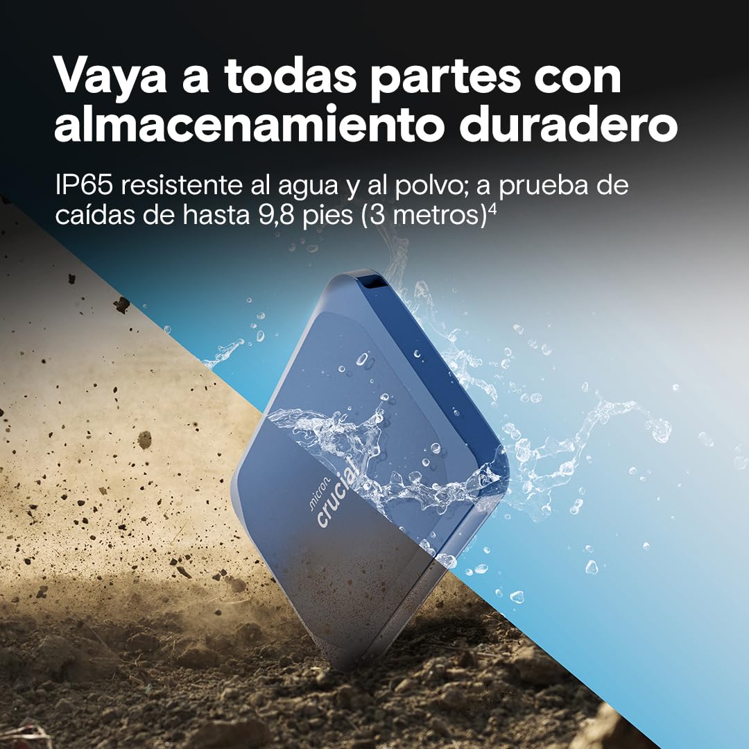 Crucial X10 8TB SSD Externo Portátil, hasta 2100MB/s, USB-C 3.2 Gen2, Clasificación IP65 de resistencia al agua y al polvo, Disco Duro Sólido Externo, Azul Mate - CT8000X10SSD9-02