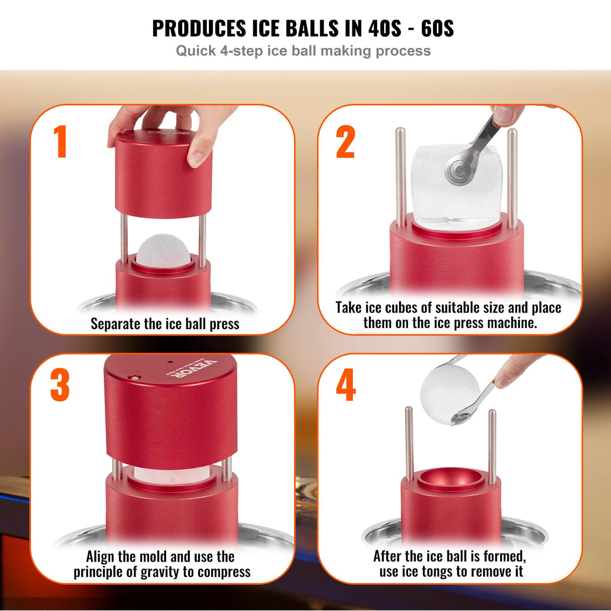 VEVOR Prensa para Bolas de Hielo 2,4" Kit de Aleación de Avión para Esferas de 60mm, Con Pinza y Bandeja de Goteo, para Whisky, Cocktail, Rojo