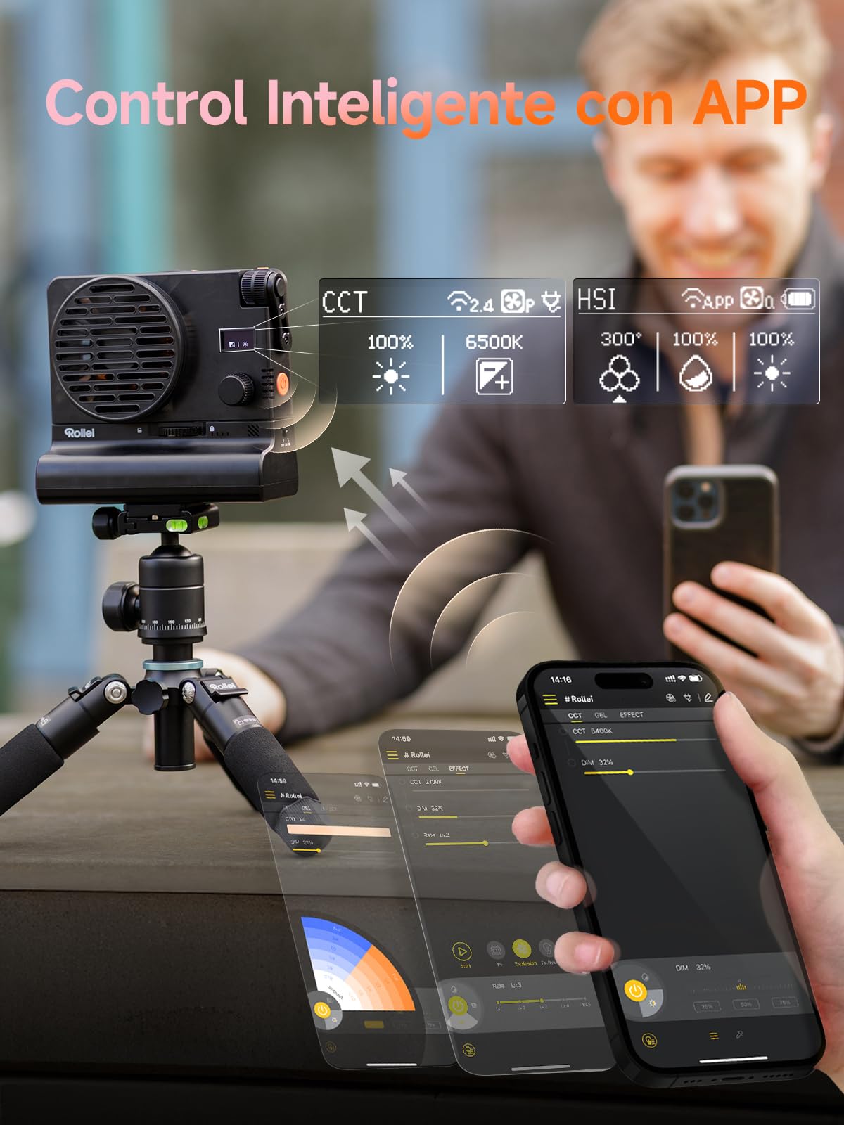 Rollei Lux 100 Bi-Color Kit Profesional LED Luz Permanente Fotografía con 71 WH Empuñadura de Batería Candela App Control Inteligente, Luz Fotográfica Ultraplana y Ligera | Temperatura de Color