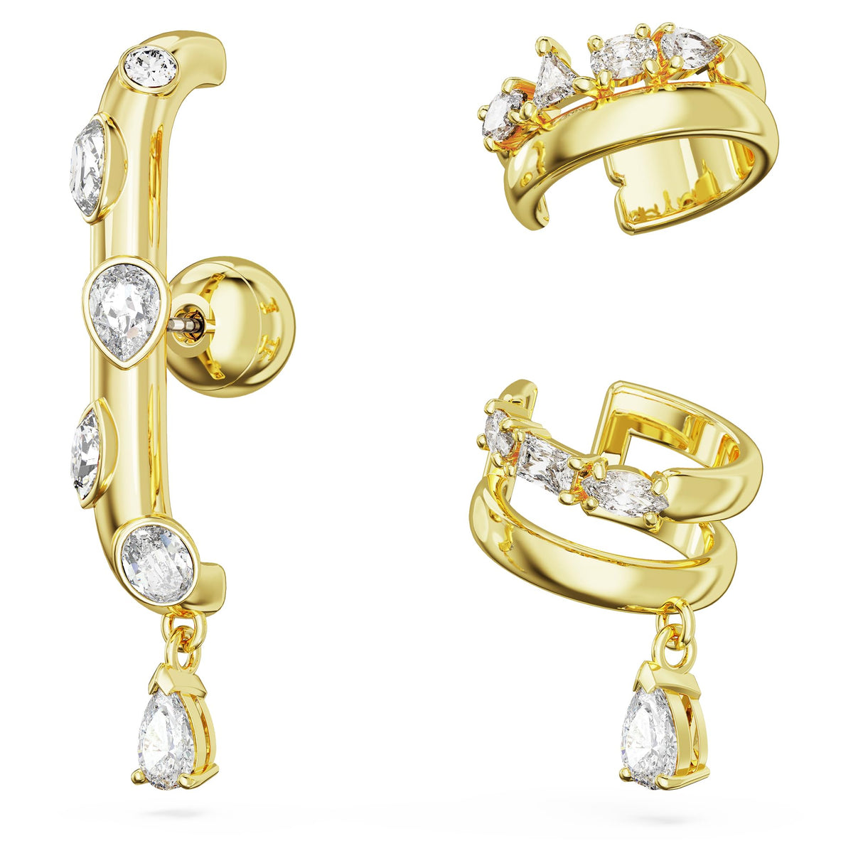 Swarovski Conjunto de 3 Pendientes Ear Cuff Dextera, Tallas Mixtas, Cristales Blancos, Baño Tono Oro
