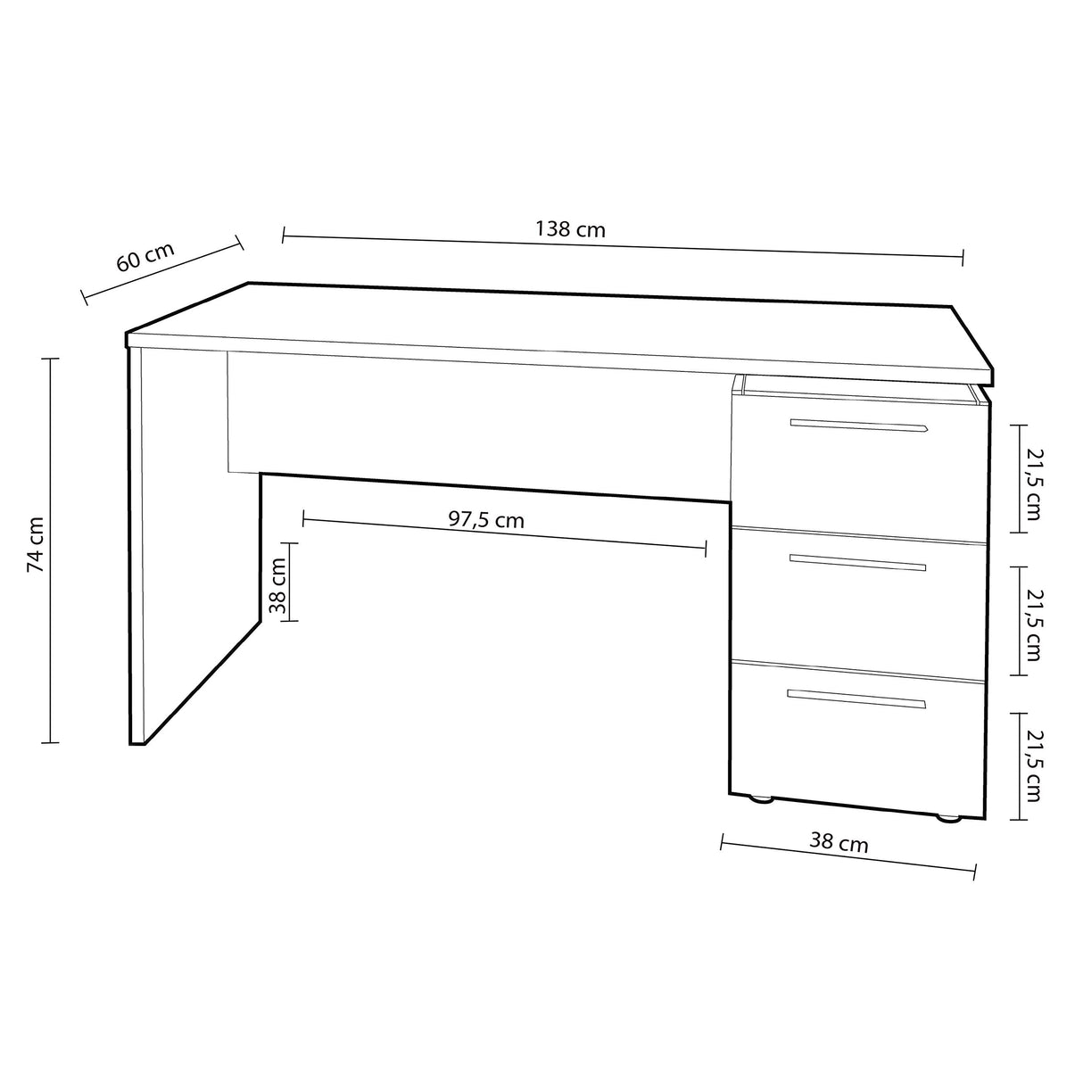 Habitdesign Mesa de Despacho 3 Cajones, Mesa Escritorio, Modelo Stylus, Acabado en Color Blanco Artik, Medidas: 138 (Ancho) x 60 cm (Fondo) x 74 (Alto)