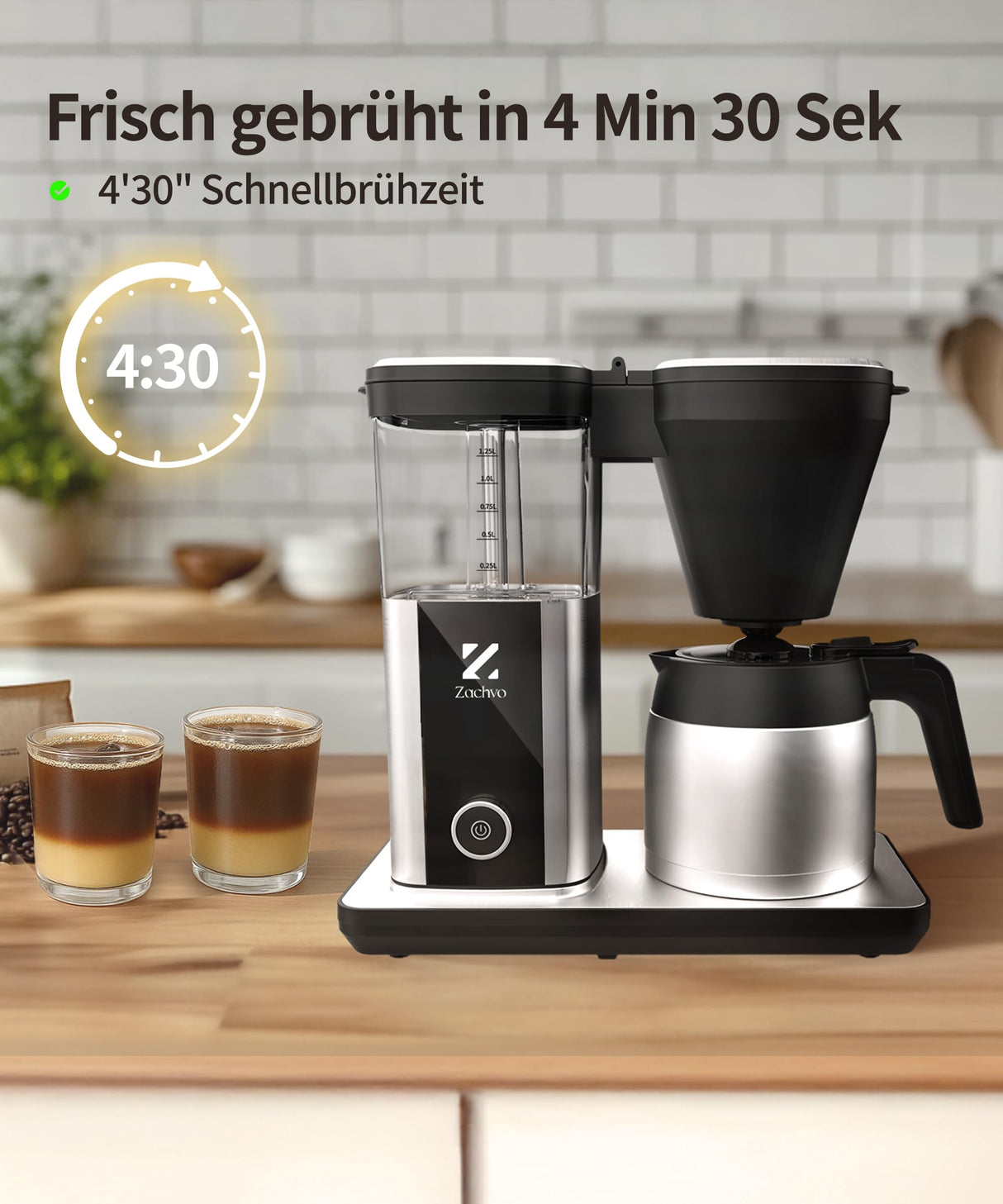 ZACHVO Cafetera de Goteo con Jarra Térmica de 1,25L, 4,5 Min. de Preparado Rápido, Control PID a 92°C, Sistema Antigoteo 30s, Filtro Reutilizable, Limpieza Automática, Libre de BPA, Acero inoxidable