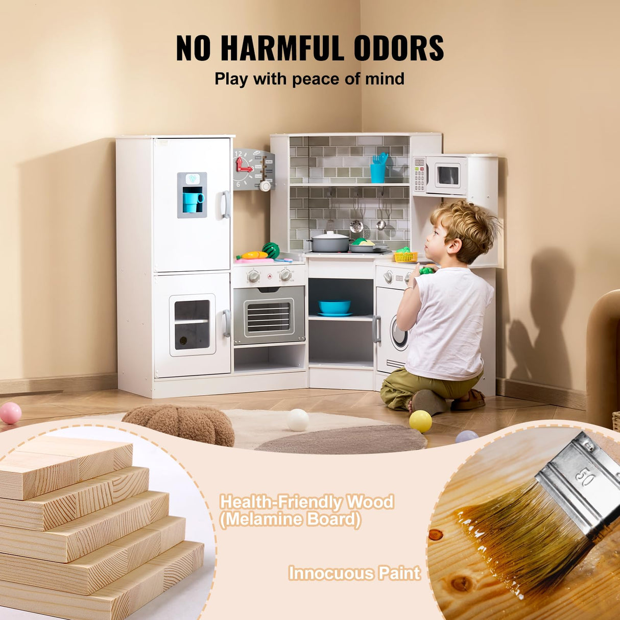 VEVOR Juego de Cocina de Madera de Esquina con Luces y Sonidos Cocina con Máquina de Hielo, Horno, Fregadero, Reloj, Microondas, Refrigerador y Accesorios para Niños Pequeños y Preescolares, Blanco