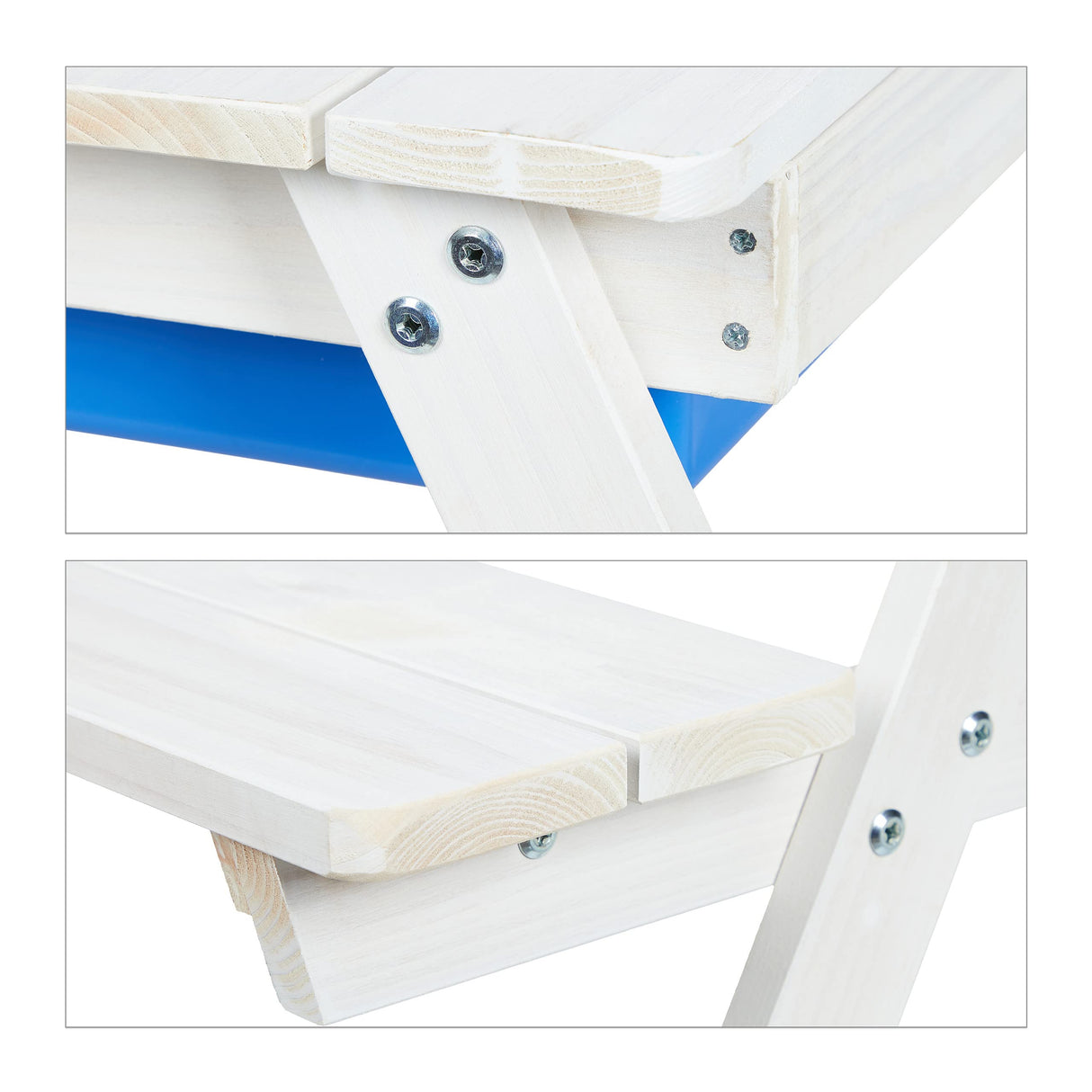 Relaxdays Grupo Mesa Pícnic Infantil con Sombrilla, Mesita Niños con 2 Bancos Madera, para Juegos con Arena y Agua, Blanca, Poliéster, 49 x 86 x 92,5 cm