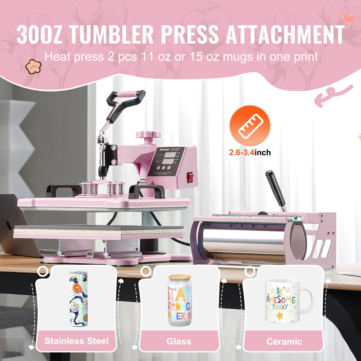 VEVOR 8 en 1 Máquina de Prensado por Calor con Prensa de Vaso de 325-887ml, 300 x 380 mm, Prensa Térmico con Giro de 360° con Control Digital Preciso para Camiseta, Taza, Sombrero y Plato, Rosa