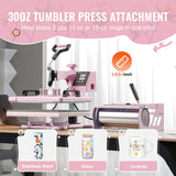 VEVOR 8 en 1 Máquina de Prensado por Calor con Prensa de Vaso de 325-887ml, 300 x 380 mm, Prensa Térmico con Giro de 360° con Control Digital Preciso para Camiseta, Taza, Sombrero y Plato, Rosa