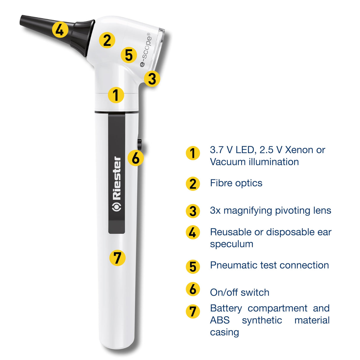 Riester Otoscopio E-SCOPE F.O. led 3,7V, blanco en maletín rígido, 31552