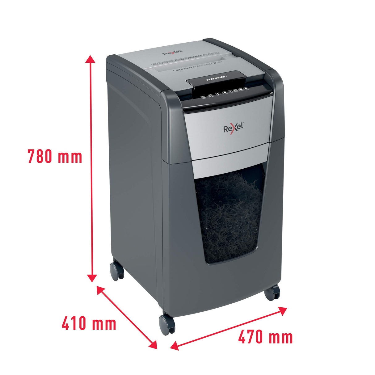 Rexel 2020225X - Destructora Automática Rexel Optimum AutoFeed 225X de Corte en Partículas P4 para Oficina, Destruye Hasta 225 Hojas a la Vez, Papelera Extraíble de 60 Litros, con Ruedas y Silenciosa