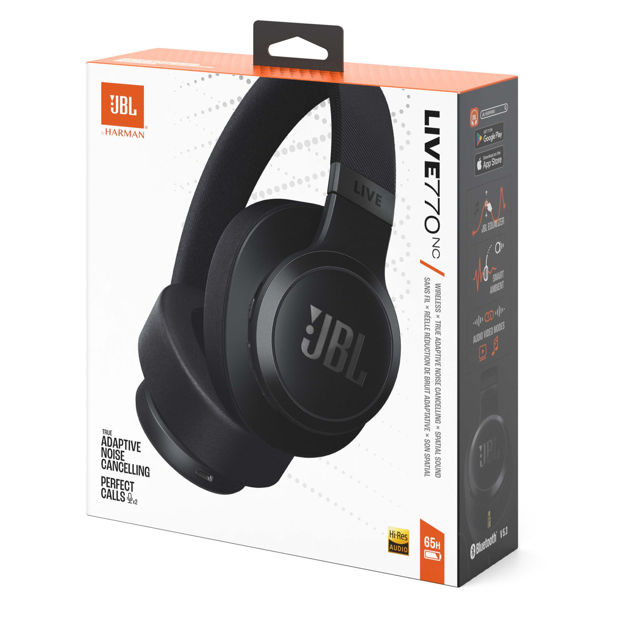 JBL Auriculares inalámbricos circumaurales Live 770 NC, con tecnología Bluetooth y cancelación adaptativa de ruido, hasta 65 horas de reproducción, negro