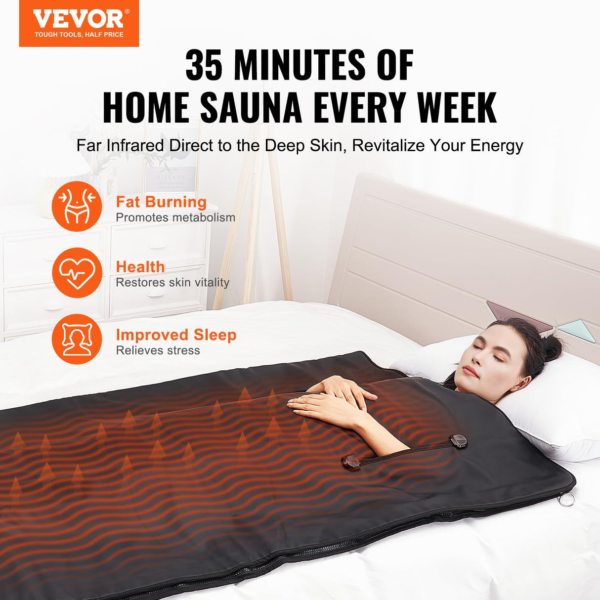 VEVOR Manta de Sauna de Infrarrojos Lejanos Portátil 180x90 cm Temperatura Ajustable 1-6 Niveles 35-85 °C Temporizador 1-60 min Orificios para los Brazos Bolsas de Sauna Calefacción Fibra de Carbono