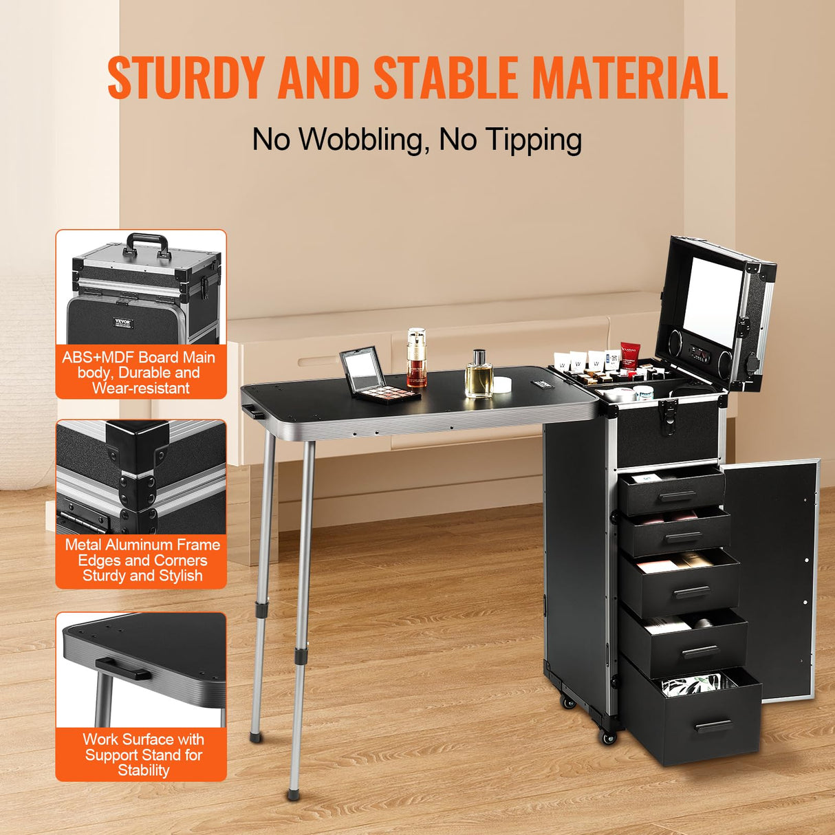 VEVOR Estuche de Maquillaje Profesional de Aluminio, Banco de Trabajo con Patas de Apoyo, Estuche de Cosméticos con Ruedas, Carro Organizador de Viaje Grande, con Ruedas Giratorias de 360°, Negro