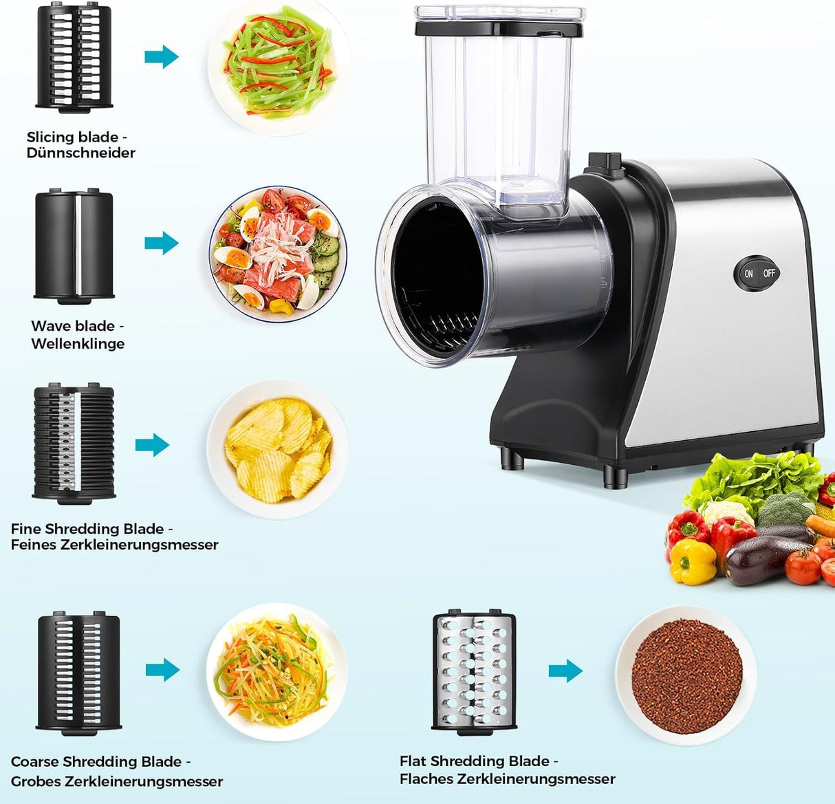 COOCHEER - Cortador eléctrico de verduras (250 W, calibre grande, mejorado, de acero inoxidable, con 5 cuchillas para varios vegetales